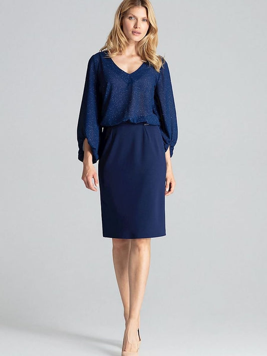 Elegant Navy Blue Pencil Skirt with Brocade Detail