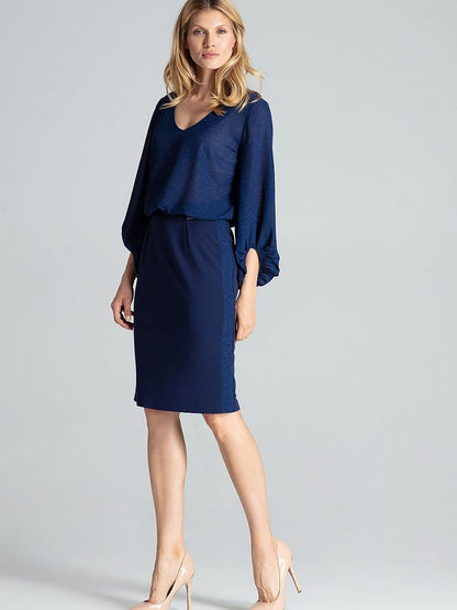 Elegant Navy Blue Pencil Skirt with Brocade Detail