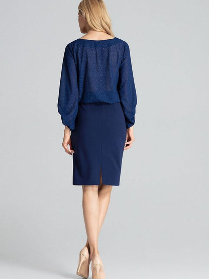 Elegant Navy Blue Pencil Skirt with Brocade Detail