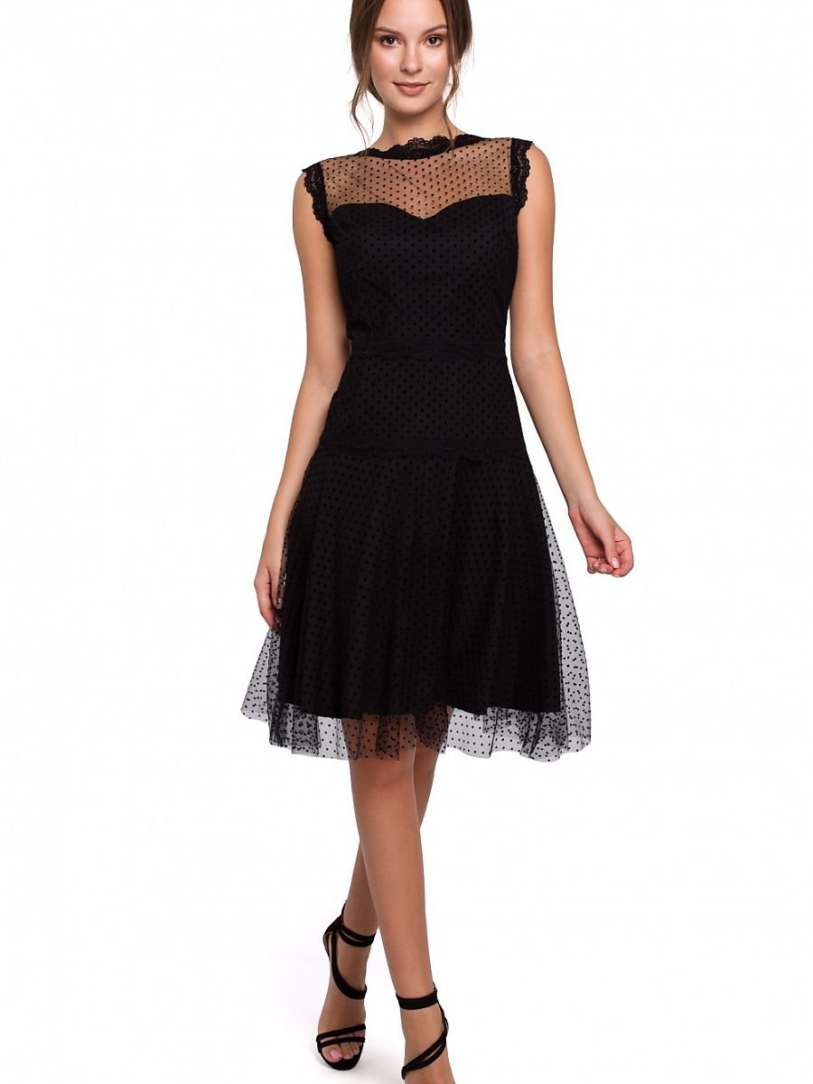 Elegant Lace-Embellished Black Mesh Cocktail Dress