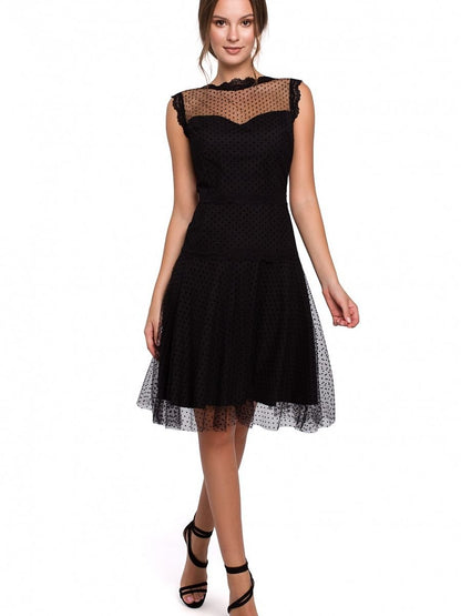 Elegant Lace-Embellished Black Mesh Cocktail Dress