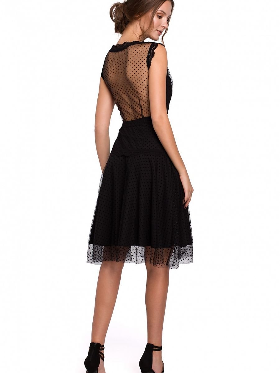 Elegant Lace-Embellished Black Mesh Cocktail Dress