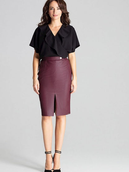 Burgundy Eco-Leather Midi Pencil Skirt