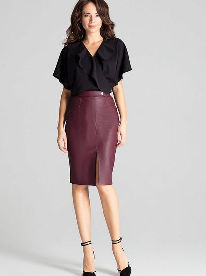 Burgundy Eco-Leather Midi Pencil Skirt