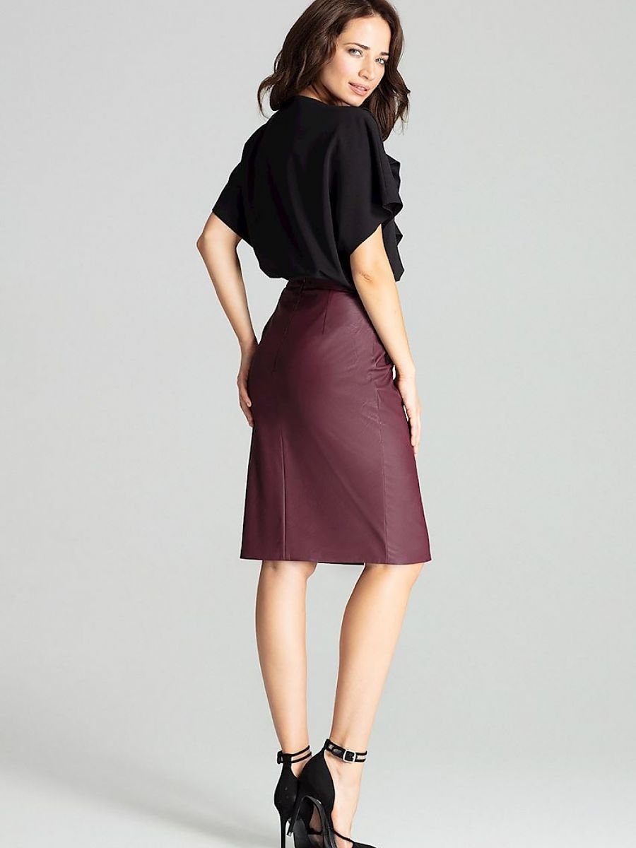 Burgundy Eco-Leather Midi Pencil Skirt