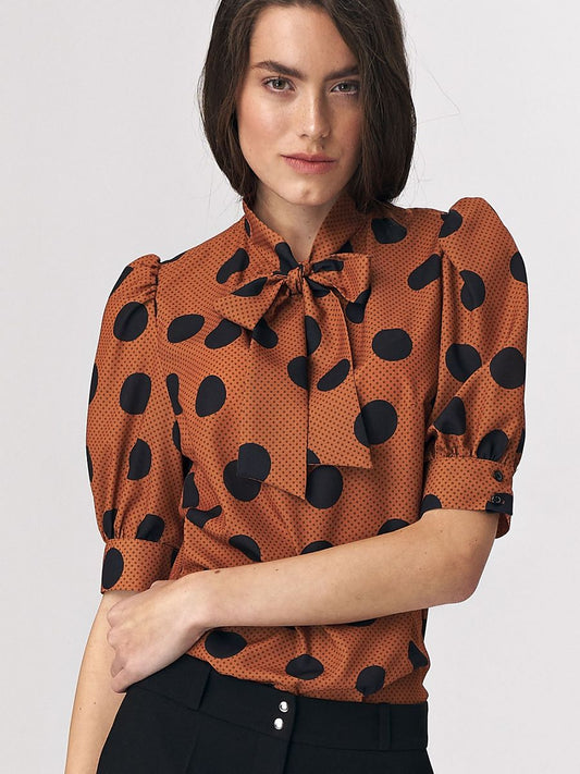 Nife Brown Pea Blouse with Tie neckline