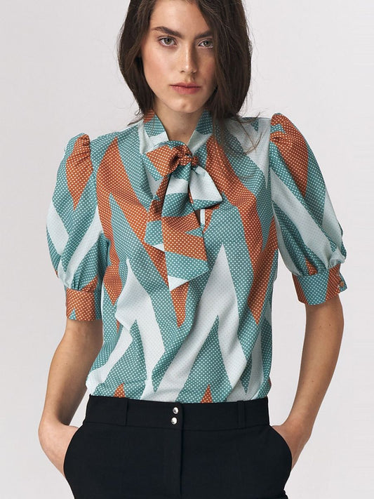 Turquoise Zigzag Blouse with Tie Neckline