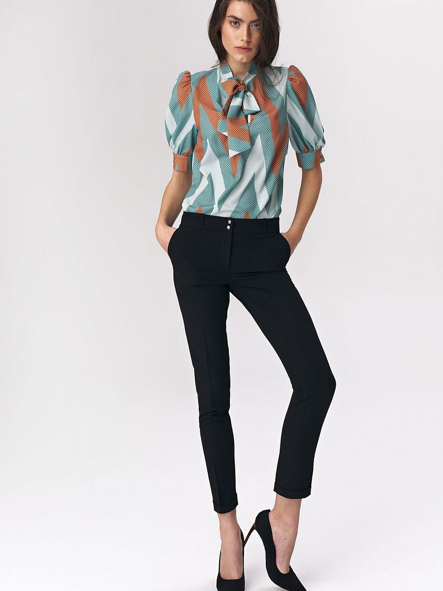 Turquoise Zigzag Blouse with Tie Neckline