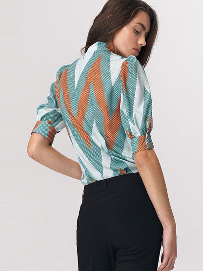 Turquoise Zigzag Blouse with Tie Neckline