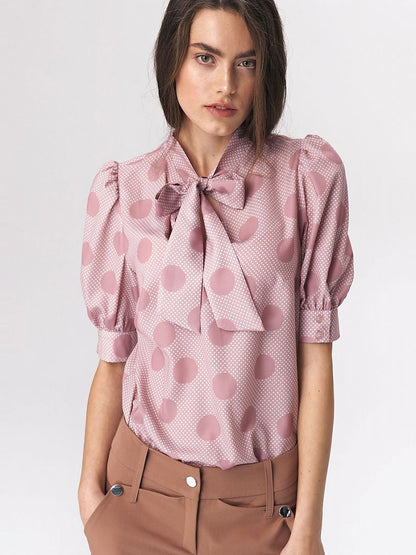 Pink Polka Dot Blouse with Neckline Tie