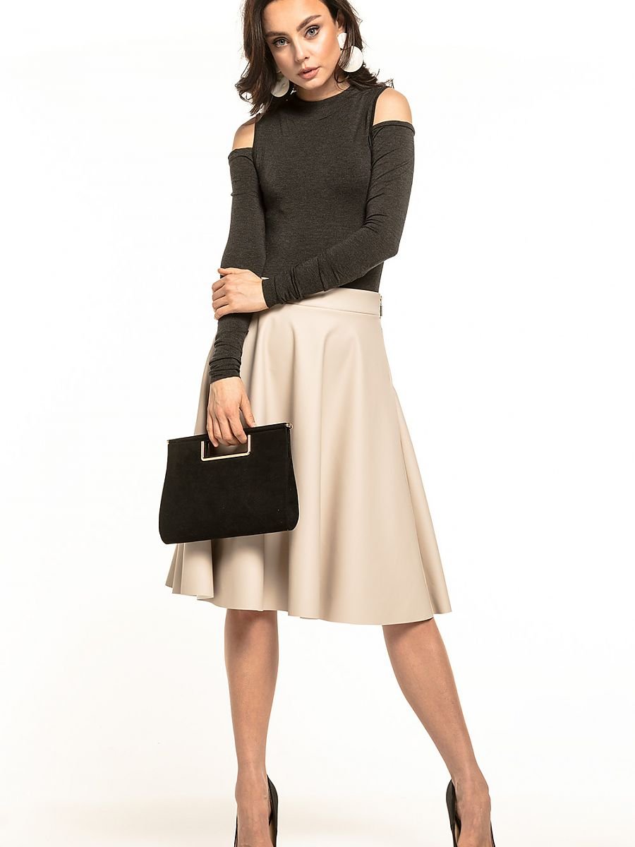 Elegant Flared Midi Skirt with Decorative Zip Detailing