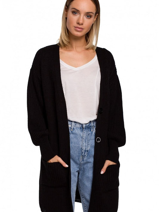 Cardigan Moe - V-Neck Oversized Button-Through Chain Weave Long Cardigan