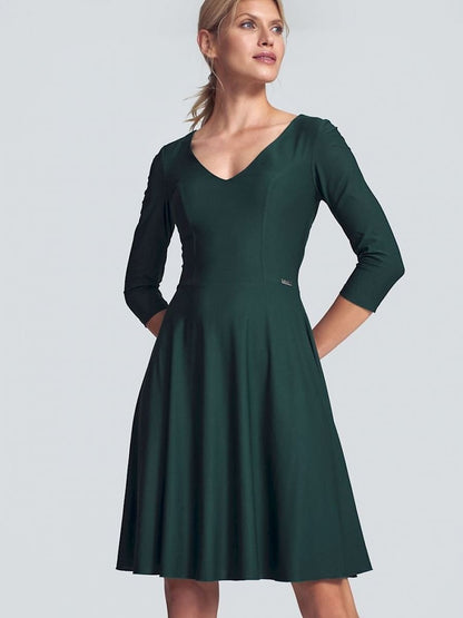 Cocktail dress Figl - Green Midi Dress with V-Neck and 3/4-Length Sleeves