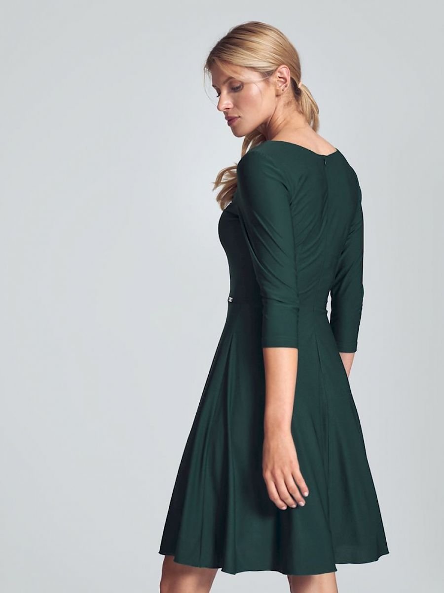 Cocktail dress Figl - Green Midi Dress with V-Neck and 3/4-Length Sleeves