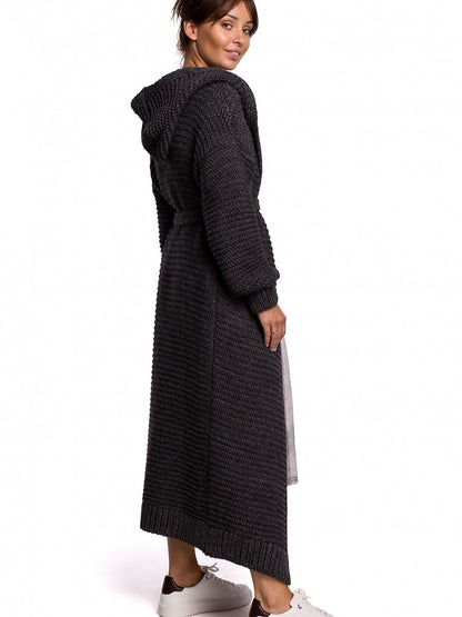 Hooded Knit Cardigan with Tie-Waist - BE Collection