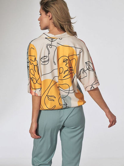 Heart Neckline Kimono Blouse with Face Pattern