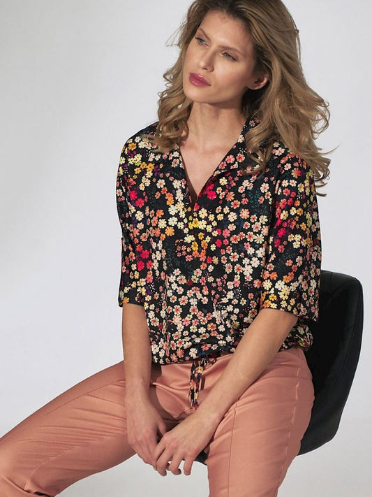 Heart Neckline Kimono Blouse with Floral Pattern