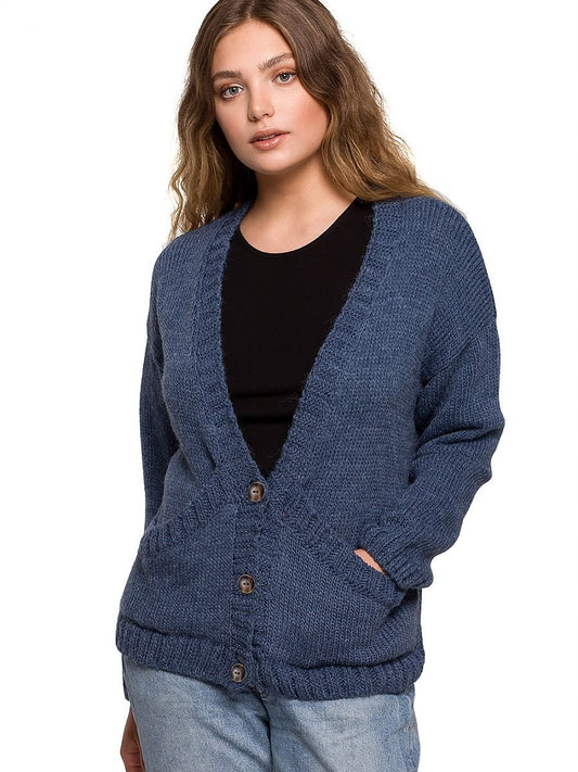 Knitted Short Cardigan with Button Front and Pockets