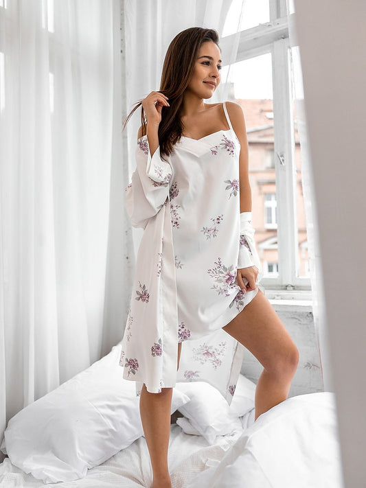 Elegant Violet Floral Satin Robe