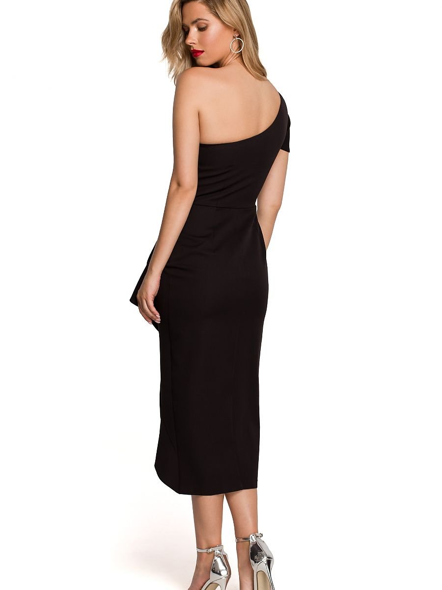 Striking One Shoulder Cocktail Dress with Overlap Bottom