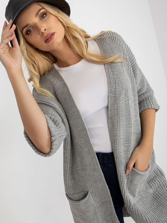 Cardigan Rue Paris - Unbuttoned Knitted Cardigan with 3/4 Sleeves and Slip Pockets