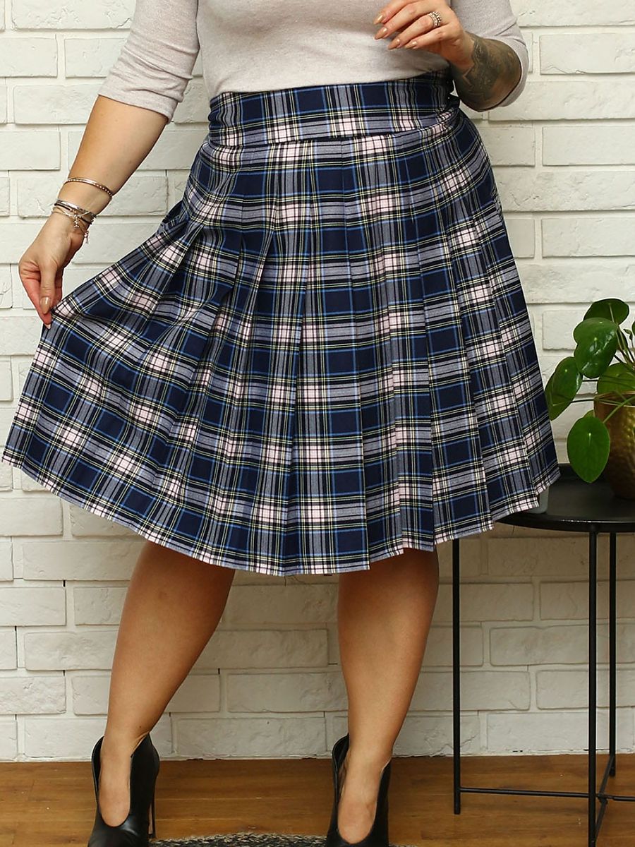 Flared Plus Size Karko Skirt with Check Pattern