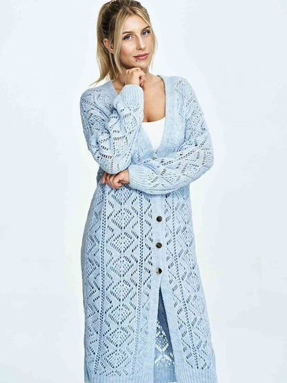 Figl Openwork Long Button-Down Cardigan