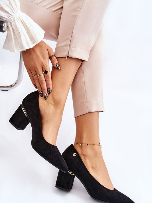 Slender Suede Block Heel Pumps with Mirror Element