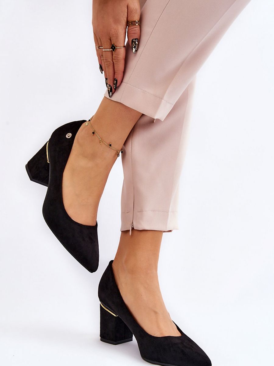 Slender Suede Block Heel Pumps with Mirror Element