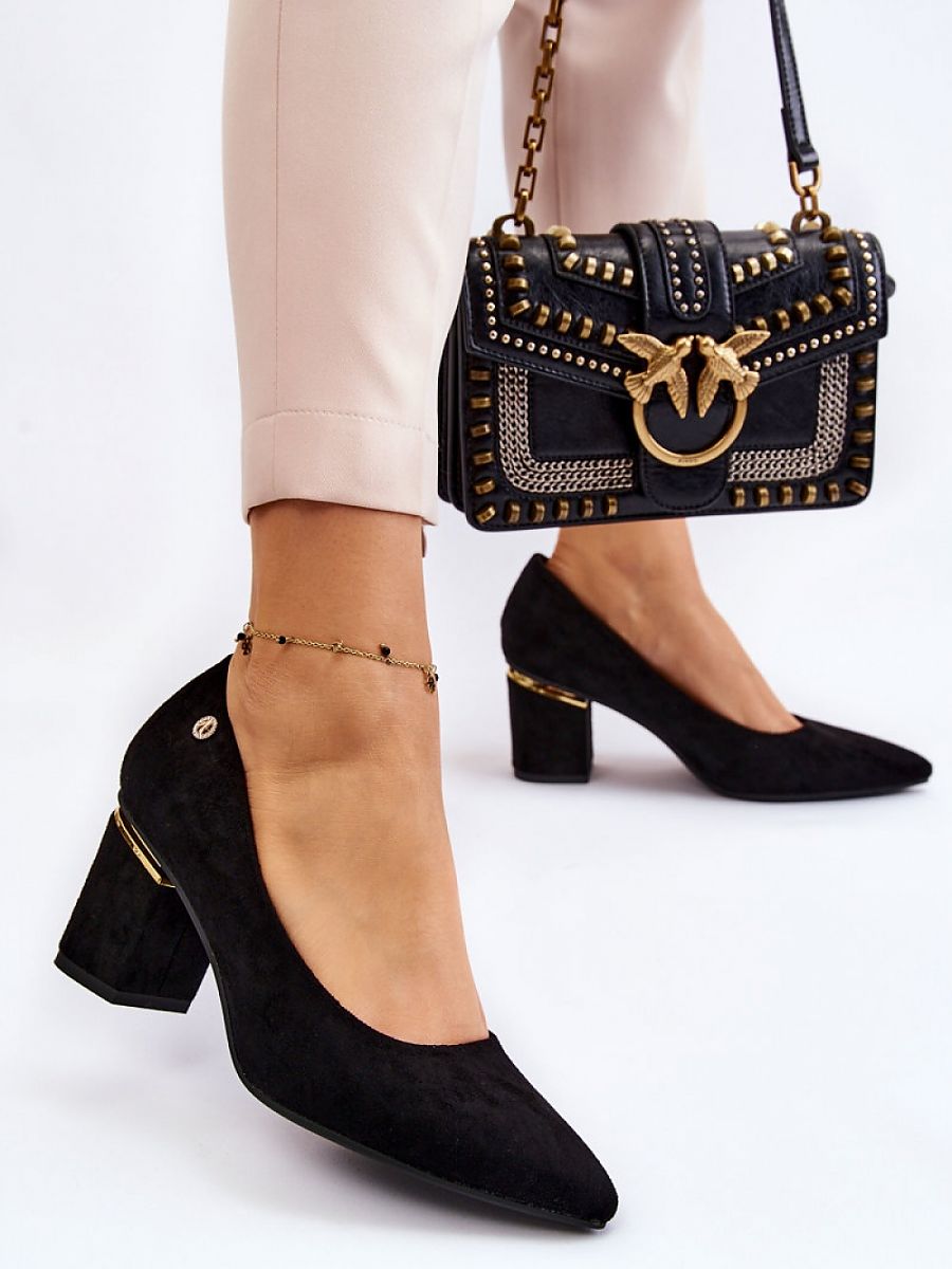 Slender Suede Block Heel Pumps with Mirror Element