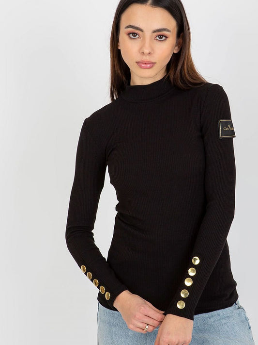 Ribbed Turtleneck Blouse with Decorative Buttons