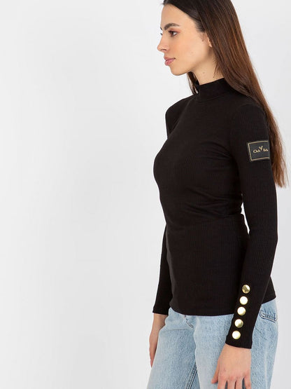 Ribbed Turtleneck Blouse with Decorative Buttons