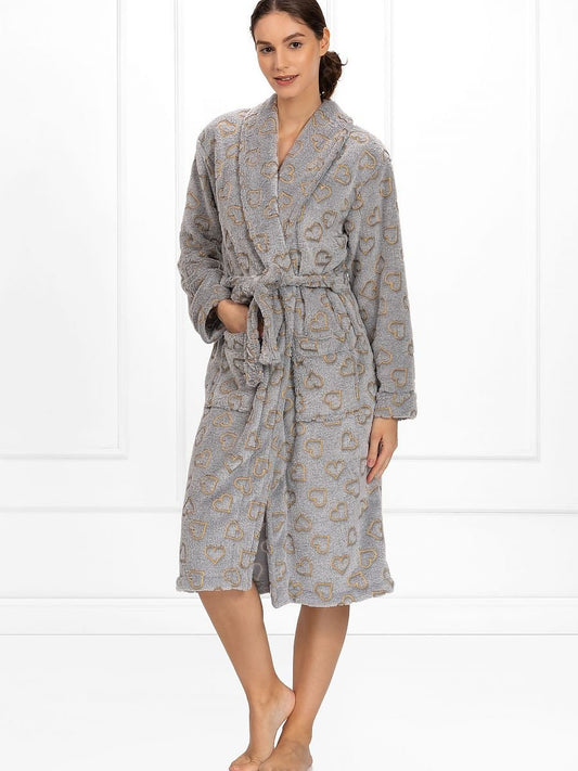 Zoe Stylish Gray Women's Bathrobe with Gold Hearts