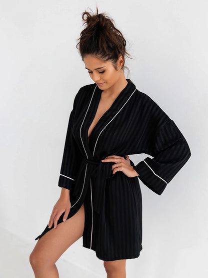 Elegant Evita 3/4 Sleeve Striped Satin Bathrobe With Waist Tie