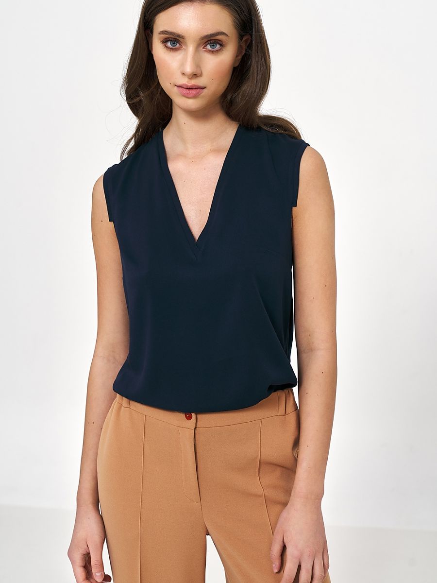 Nife Sleeveless V-Neck Viscose Navy Blue Blouse