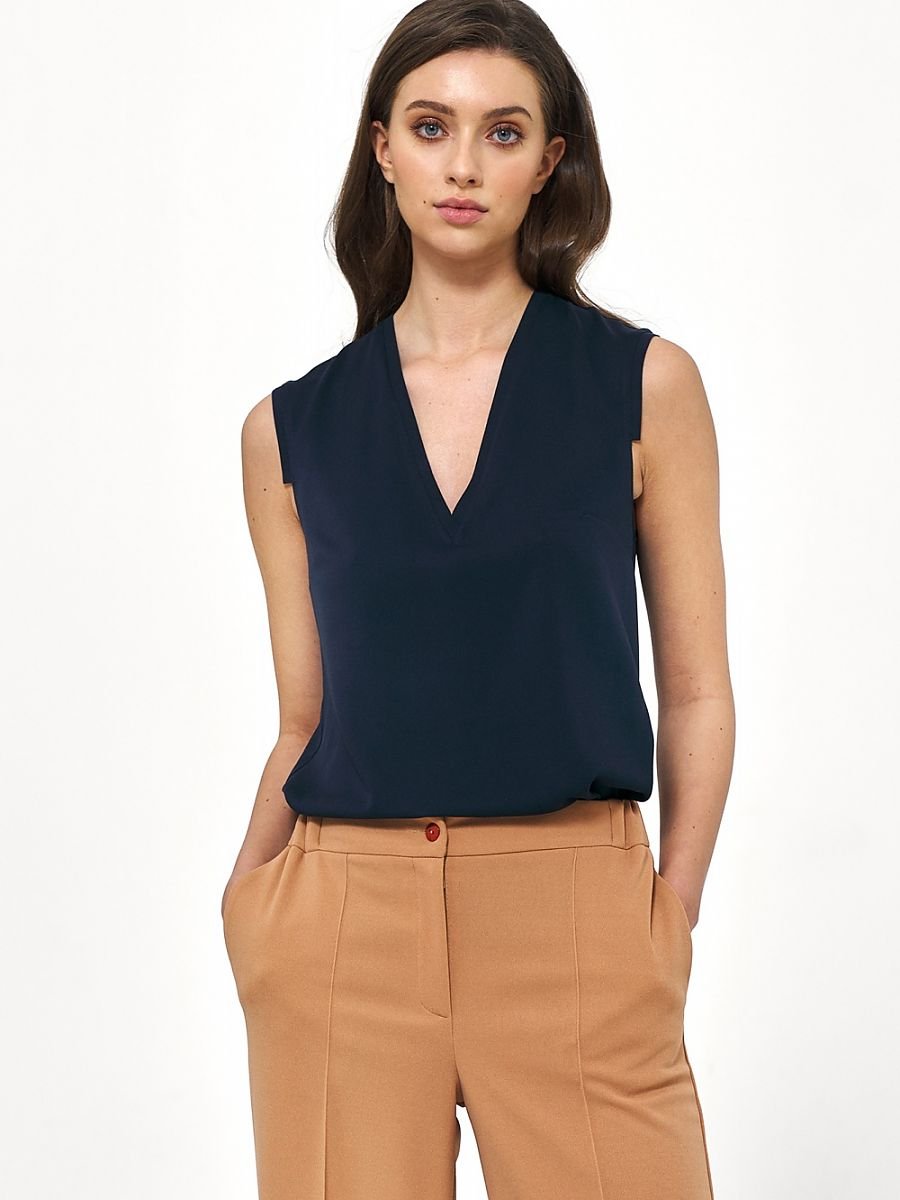 Nife Sleeveless V-Neck Viscose Navy Blue Blouse