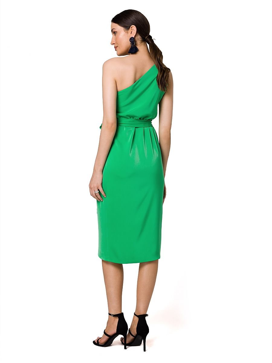 One-Shoulder Draped Cocktail Dress with Tie Belt