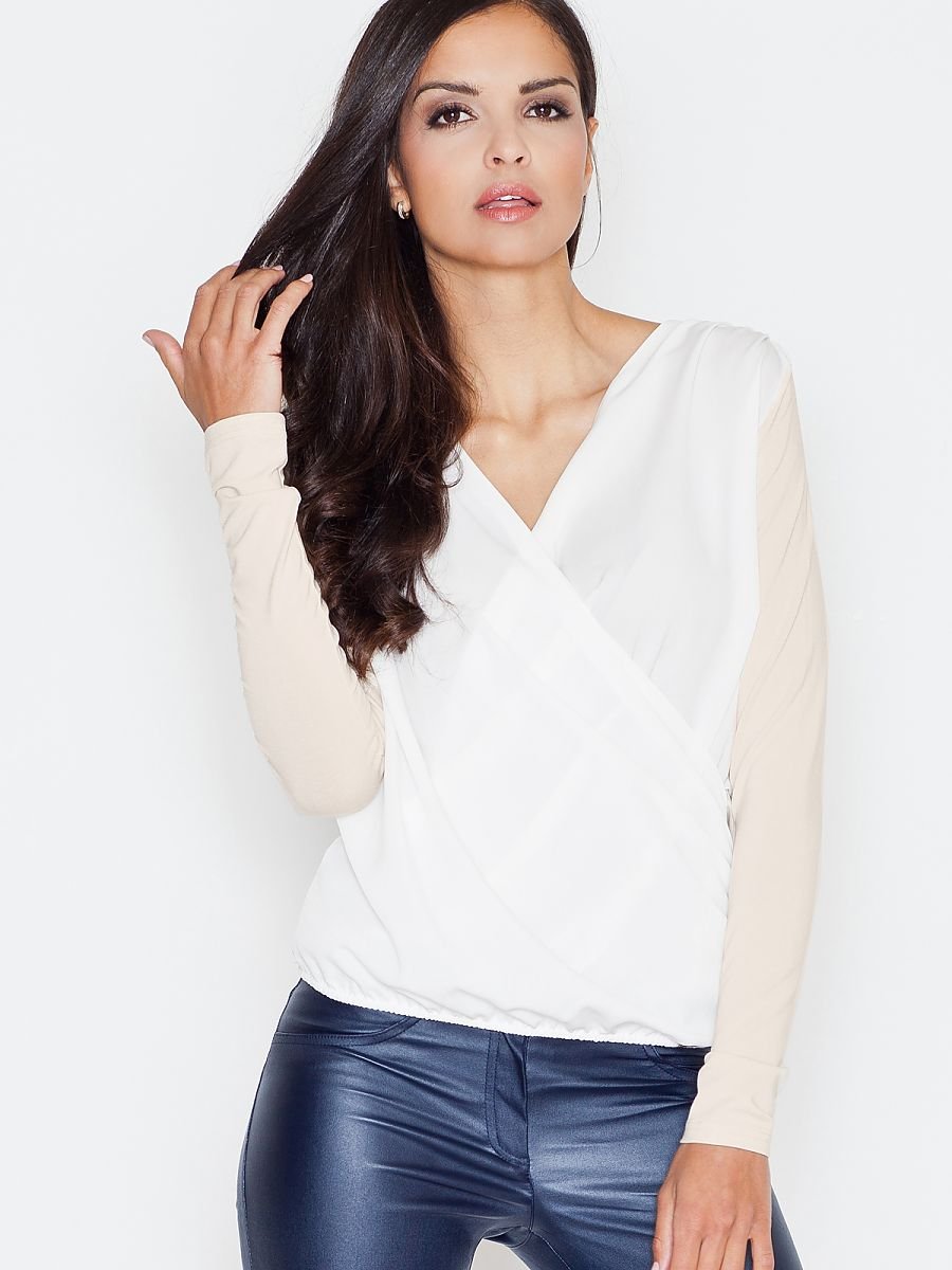 Feminine Pleated Long Sleeve Blouse with Two-tone Design