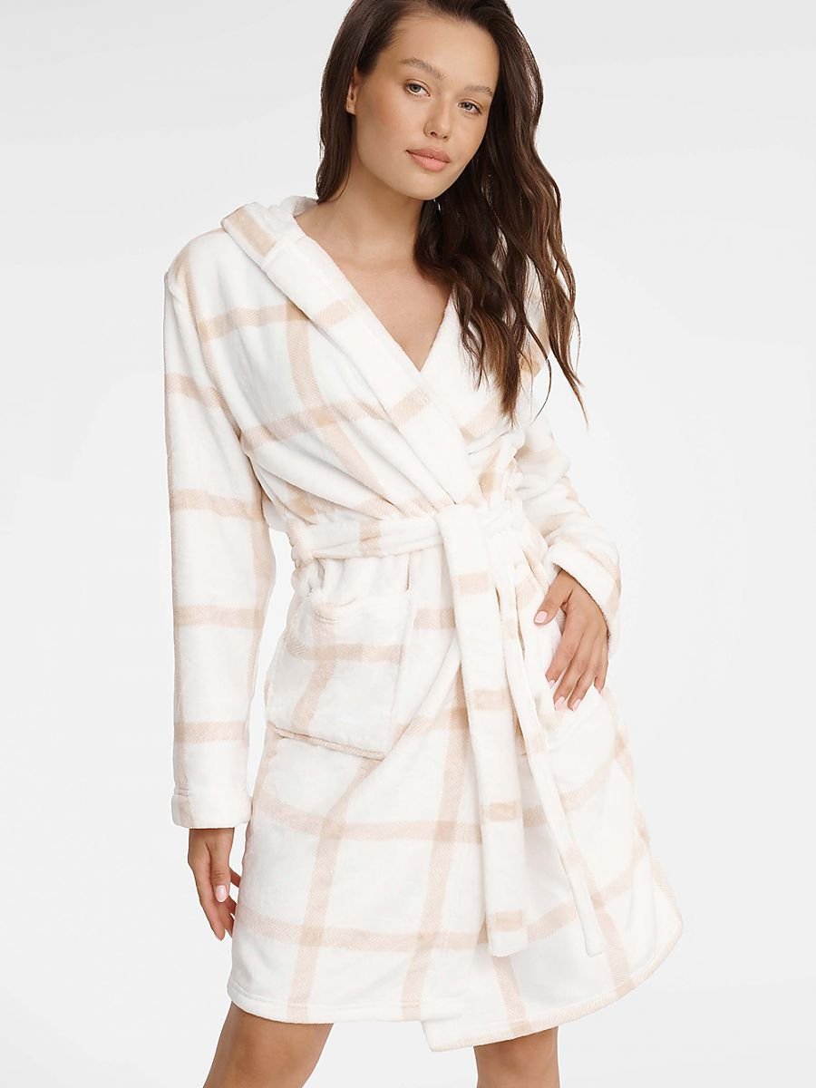 Hooded Printed Women's Bathrobe with Long Sleeves and Waist Tie