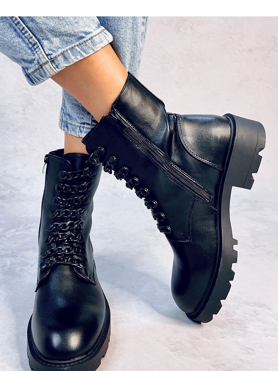 Stylish Black Veneer Boots with Chain Detail