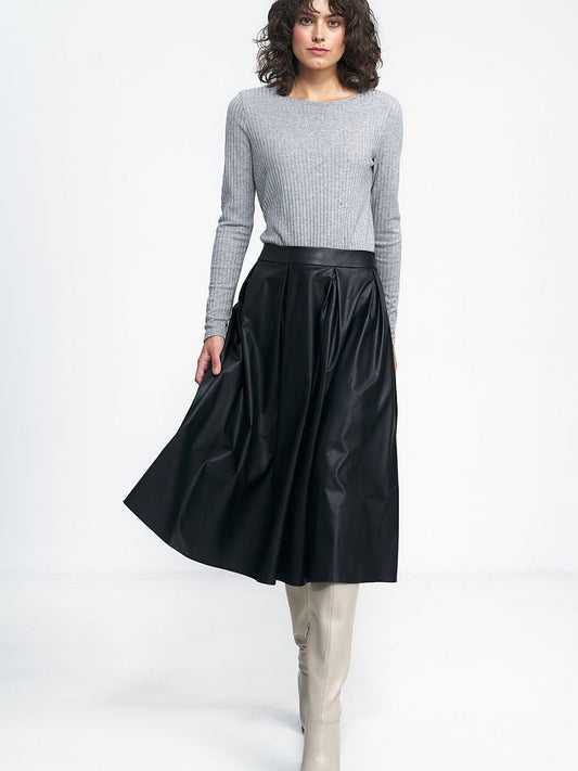 Nife Leather Midi Skirt with Waist Belt