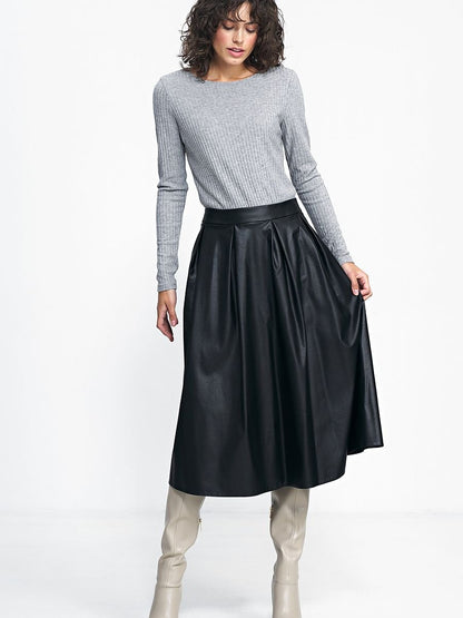 Nife Leather Midi Skirt with Waist Belt