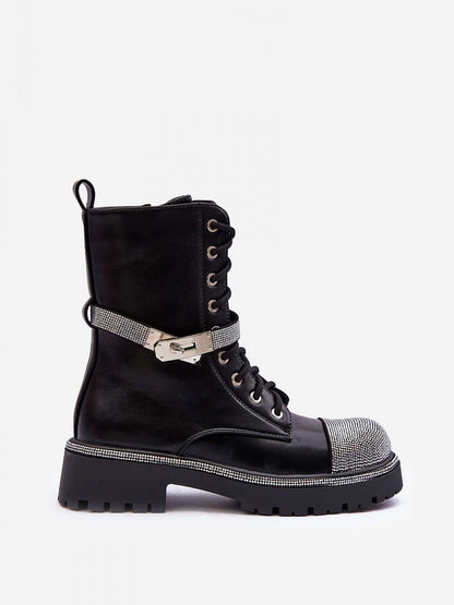 Stylish Rhinestone Detail Eco Leather Boots With Detachable Strap