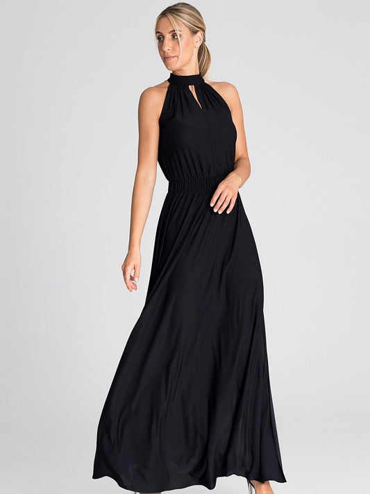 Maxi Cocktail Dress with Pearled Clasp and Ruffled Top