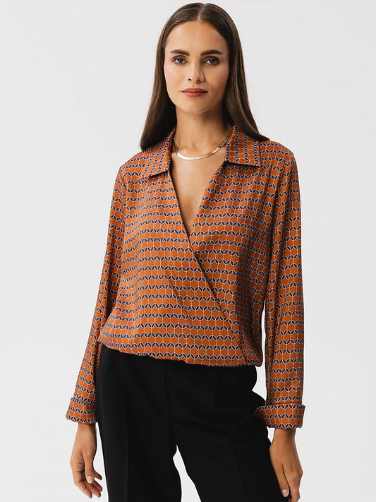 Stylove Printed Satin Blouse with Envelope Cut and Collar