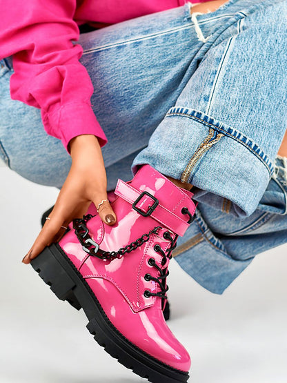 Bootie PRIMO: Pink Patent Leather Platform Boots with Eco Fur Lining