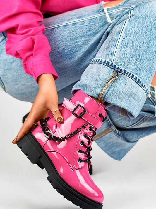 Bootie PRIMO: Pink Patent Leather Platform Boots with Eco Fur Lining